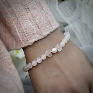 Vintage 14K Gold Rose Quartz Cultured Pearl Bead Bracelet 6.5" Hong Kong WW 6mm